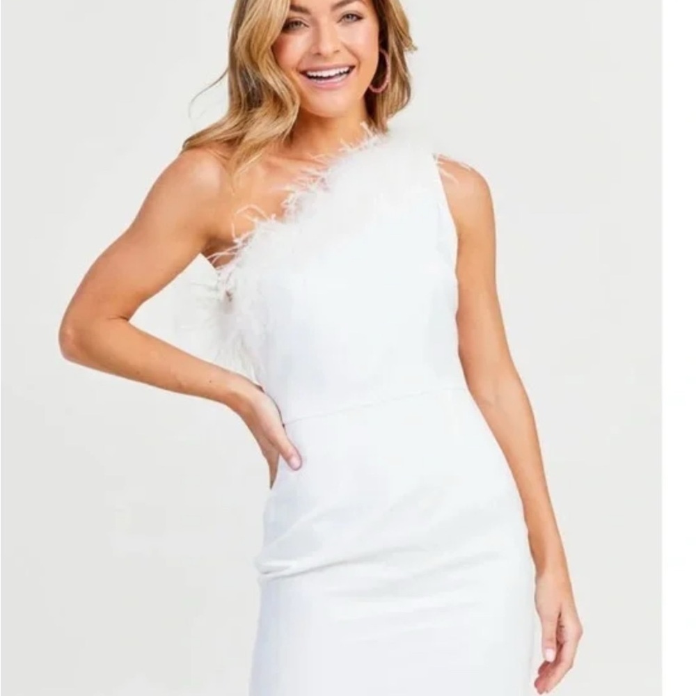 NEW Altar’d State Medium White Satin Mini Dress ~ Feather Trim One Shoulder